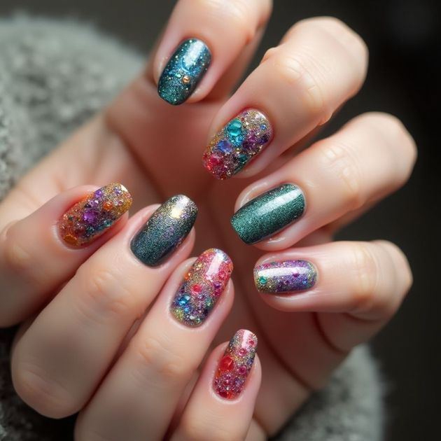 Close-up of hand with colorful, sparkly nail art in jewel tones, on a gray background.
