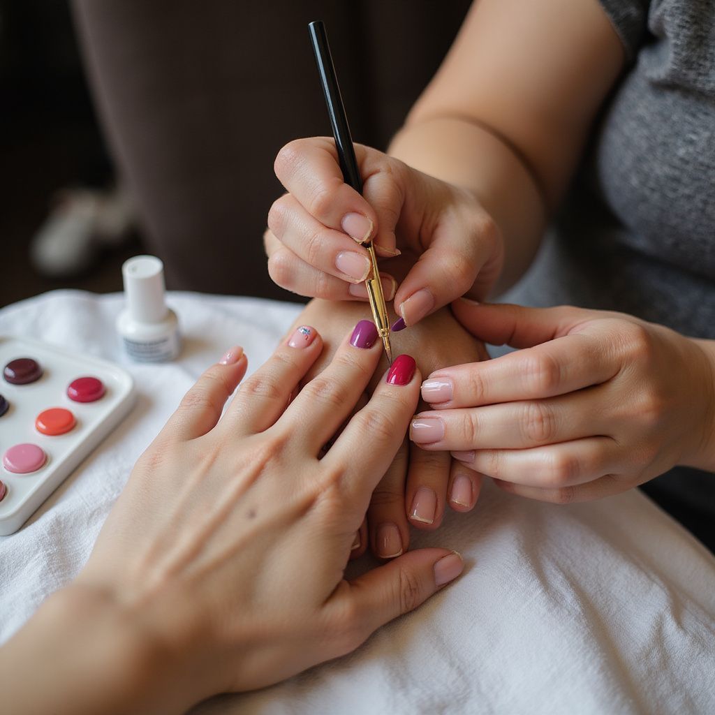 Person's hand getting a manicure, with another person painting nail polish. Colors include red, pink, purple.