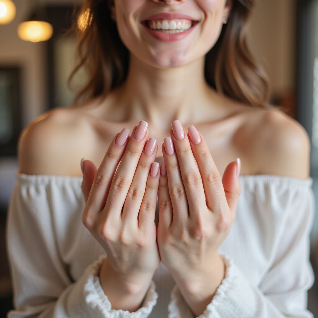 Woman smiling, holding hands up showing manicured nails. White off-shoulder top. Indoors, blurred background.