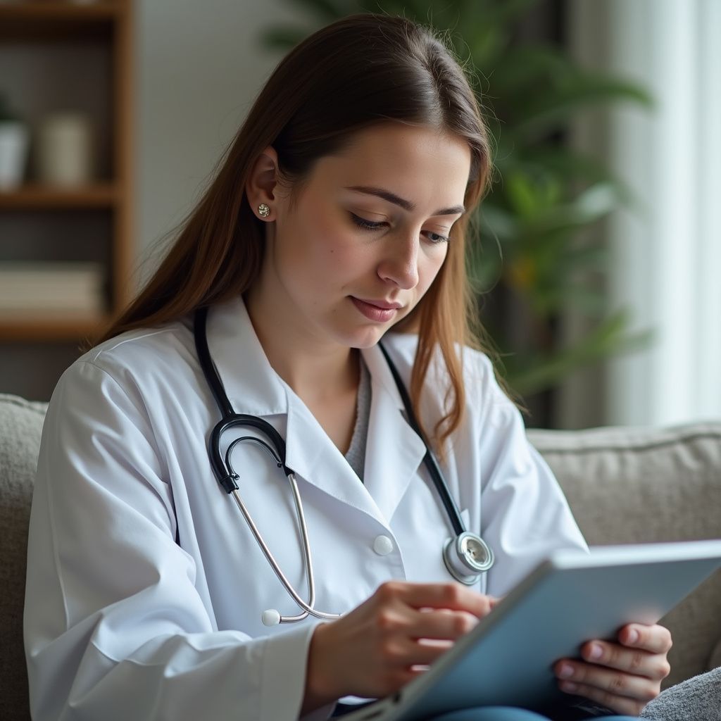 Doctor in a white coat with a stethoscope around her neck, using a tablet on a couch.