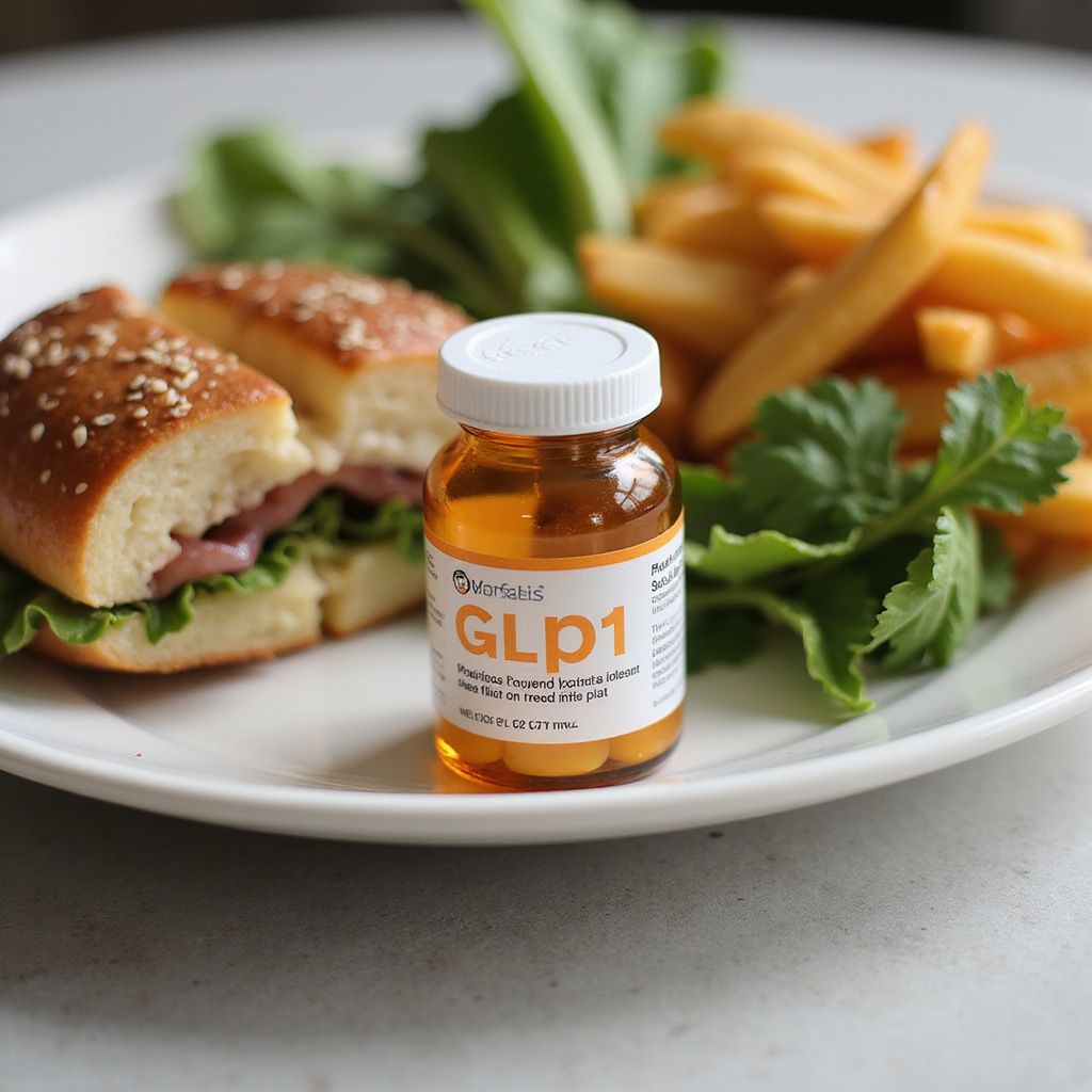 A sandwich, fries, and salad on a plate next to a bottle of GLP1 medication.
