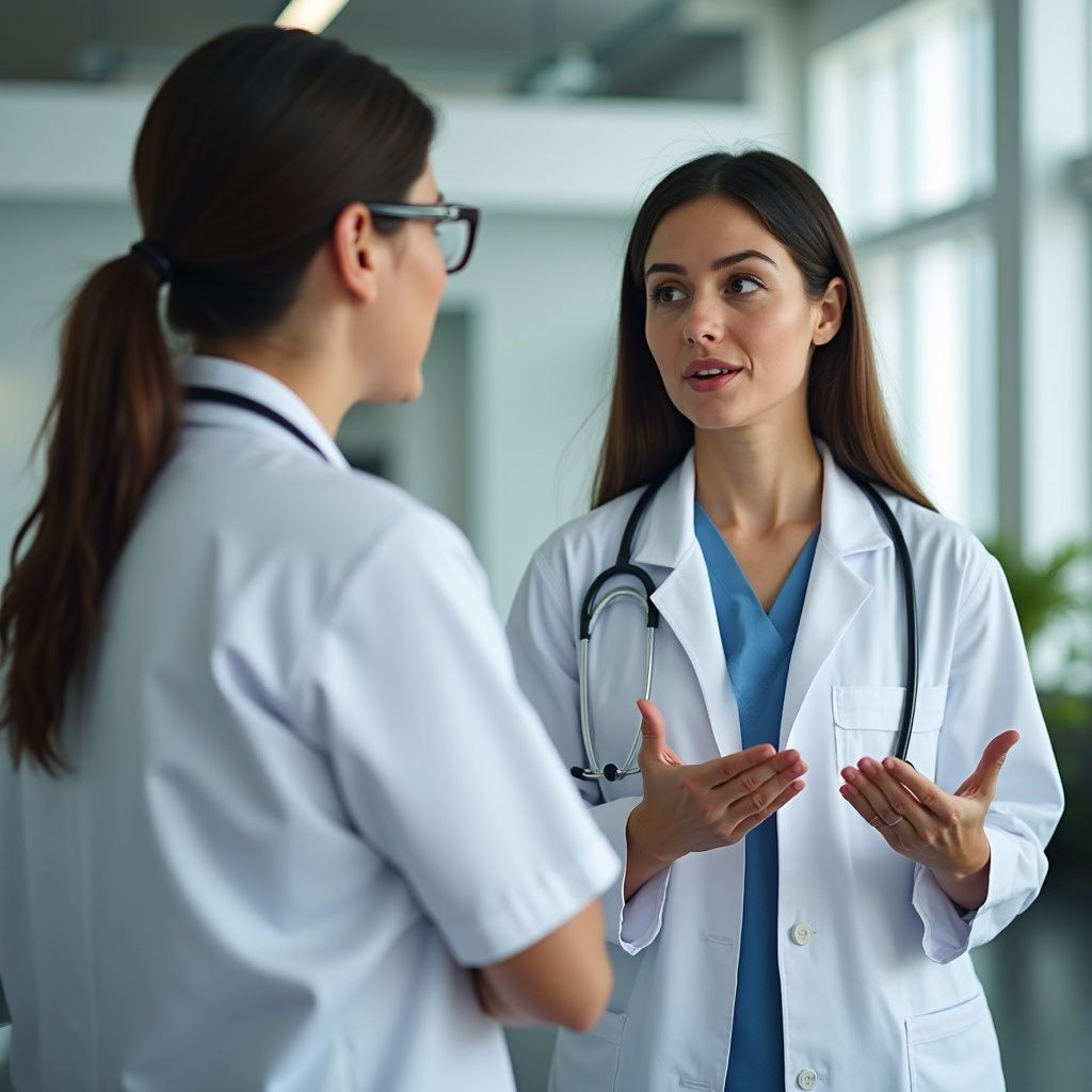 Two doctors in white coats discussing in a hallway; one is gesturing with hands.