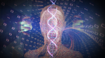 A glowing DNA double helix centered over a digital, human-like silhouette composed of binary code against a dark background.