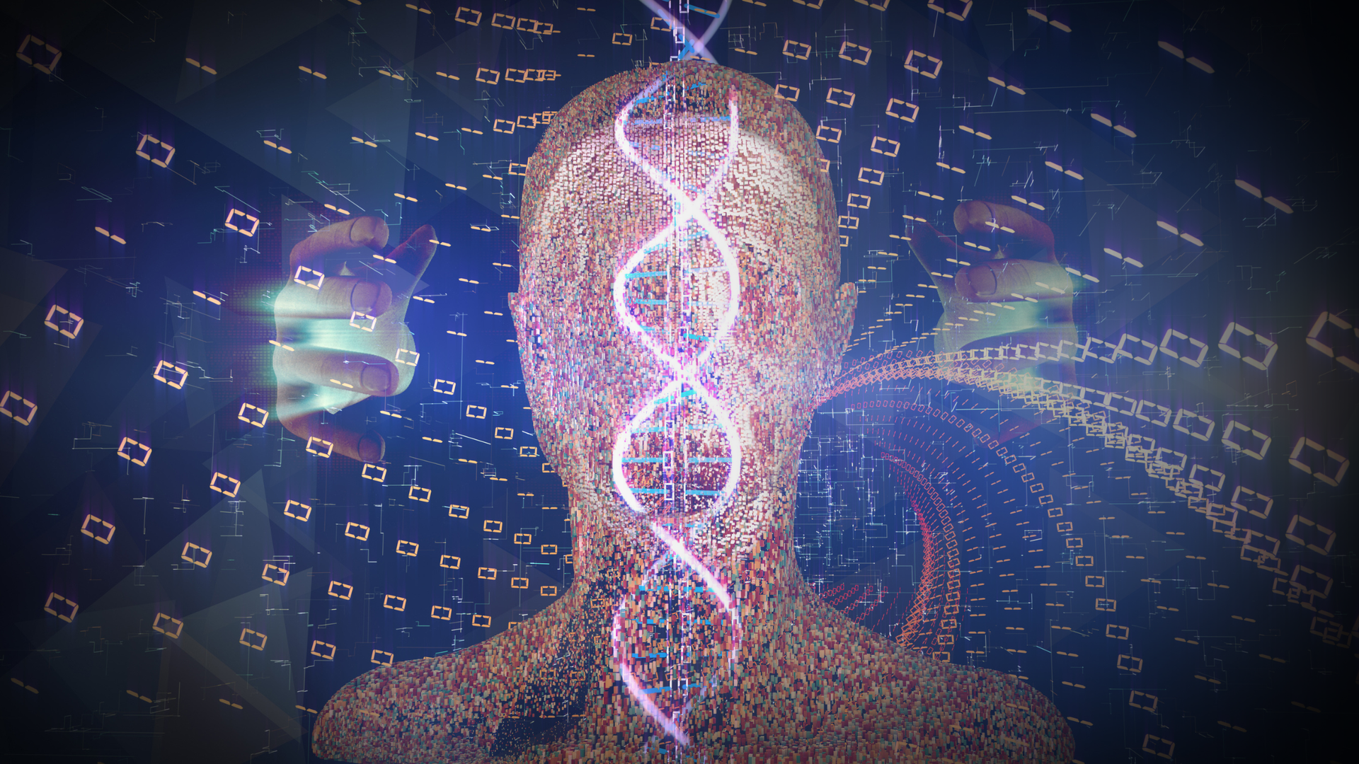 Human head made of cubes with DNA strands, set in digital data landscape.