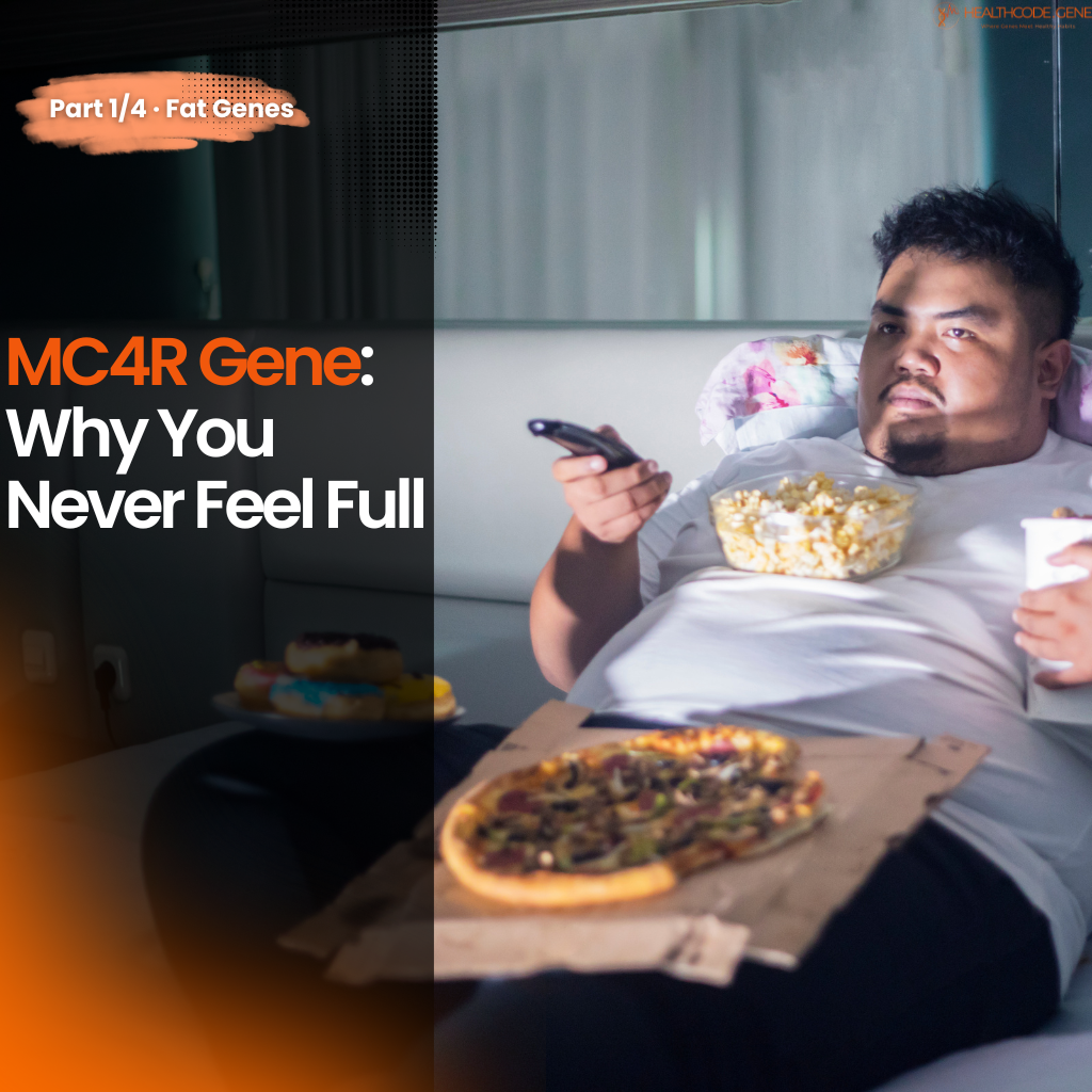 Man in bed, eating pizza and popcorn, with a remote, title: "MC4R Gene: Why You Never Feel Full".