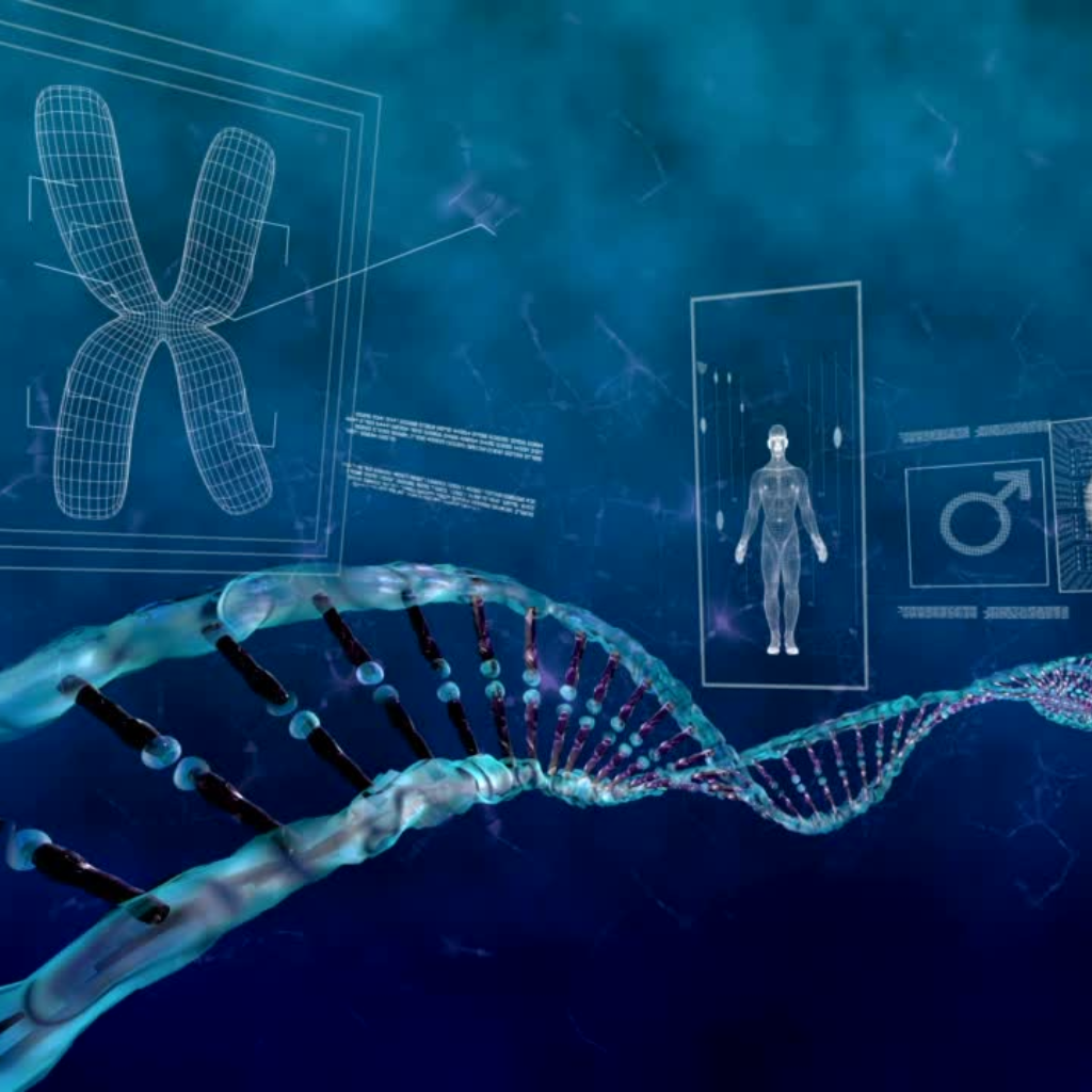 DNA strand with a chromosome, human figure, and male symbol against a blue, tech-themed background.