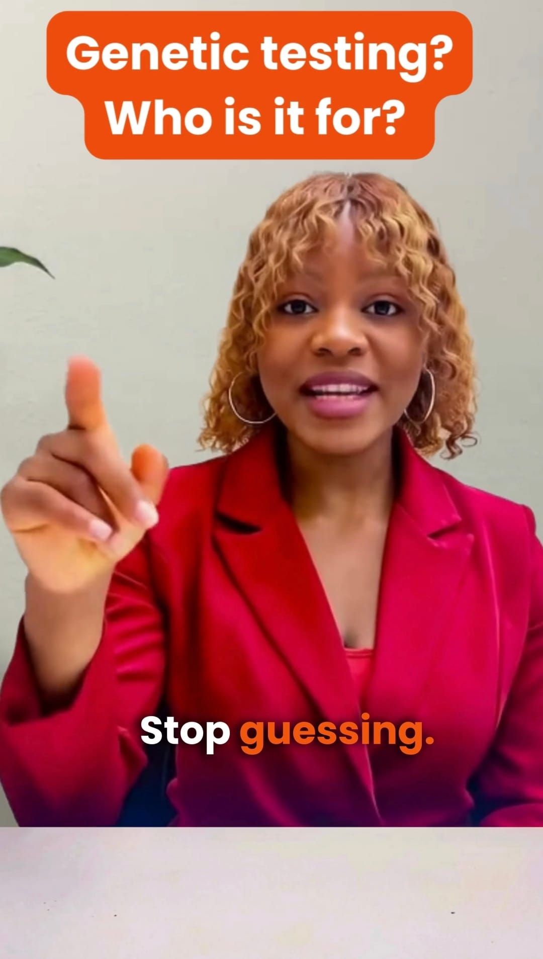 A woman in a red blazer points upward against a light background with the orange text "Genetic testing? Who is it for?"