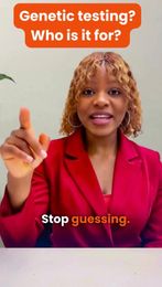 A woman in a red blazer points upward against a light background with the orange text "Genetic testing? Who is it for?"