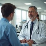 A doctor in a white coat with a stethoscope around their neck sits at a desk, speaking with a patient in a medical office.