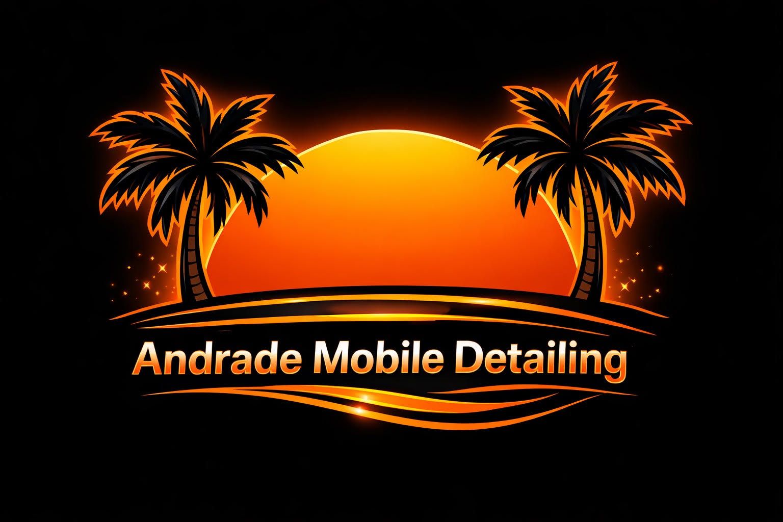 Logo for Andrade Mobile Detailing: Palm trees and sun in orange and black.
