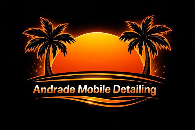 Logo for Andrade Mobile Detailing: Palm trees frame an orange sun; text reads
