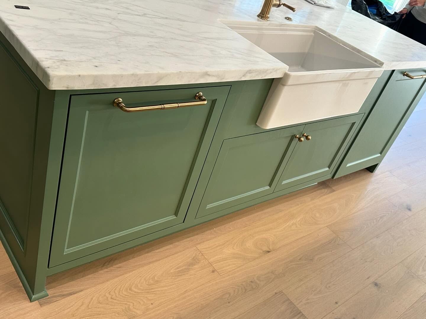 A kitchen with green cabinets and a white sink.