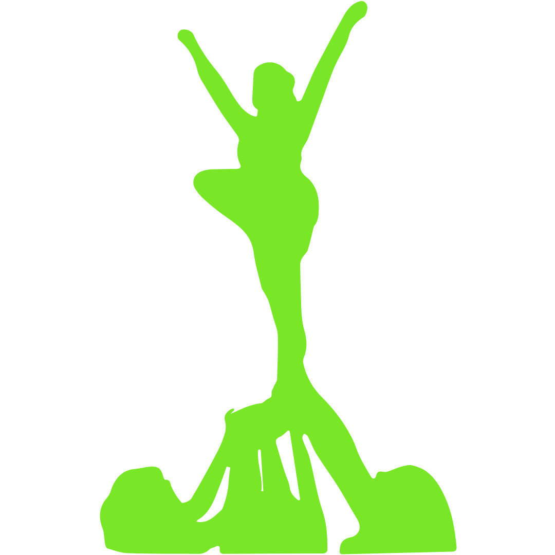 A green silhouette of a cheerleader standing on top of another cheerleader.
