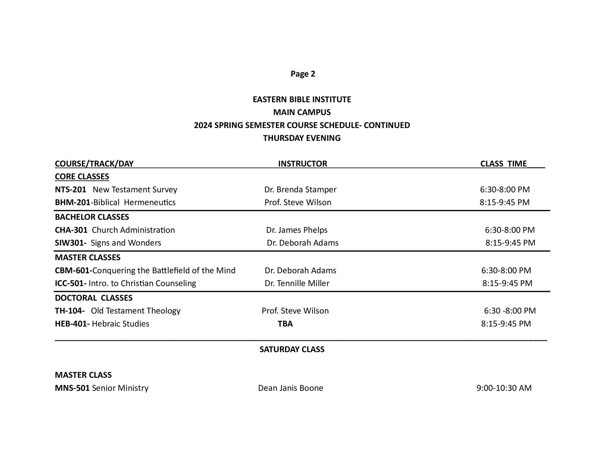 Calendar Eastern Bible Institute
