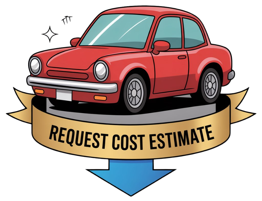 A red car with gold banner and blue arrow that says request cost estimate