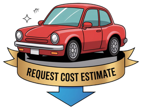 A red car with gold banner and blue arrow that says request cost estimate