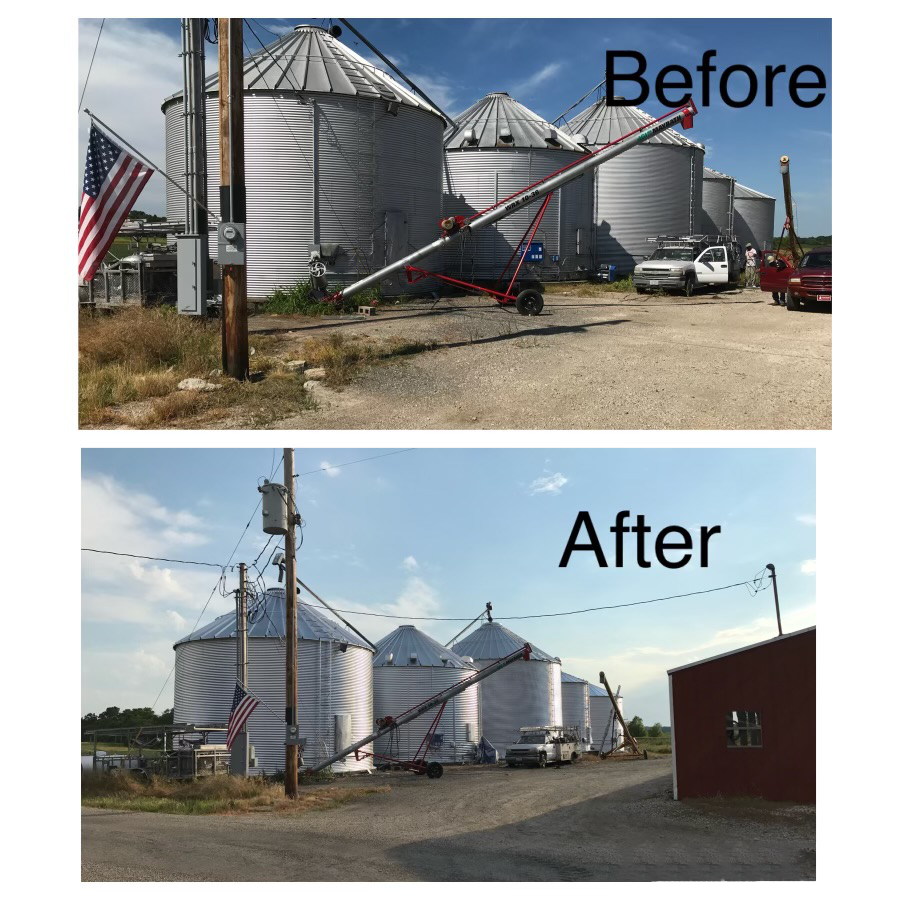 Before and after photos of farm grain silos showing an adjusted portable auger to clear utility lines.