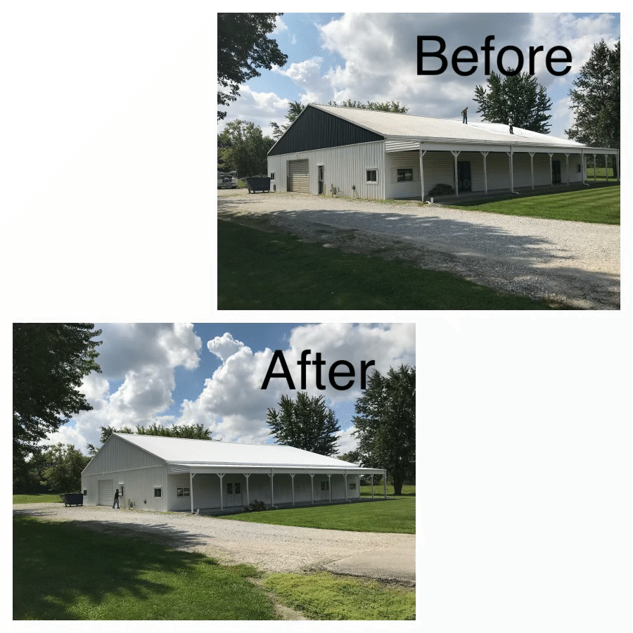 Before and after comparison of a barn-style building showing a siding color change from dark grey to white.