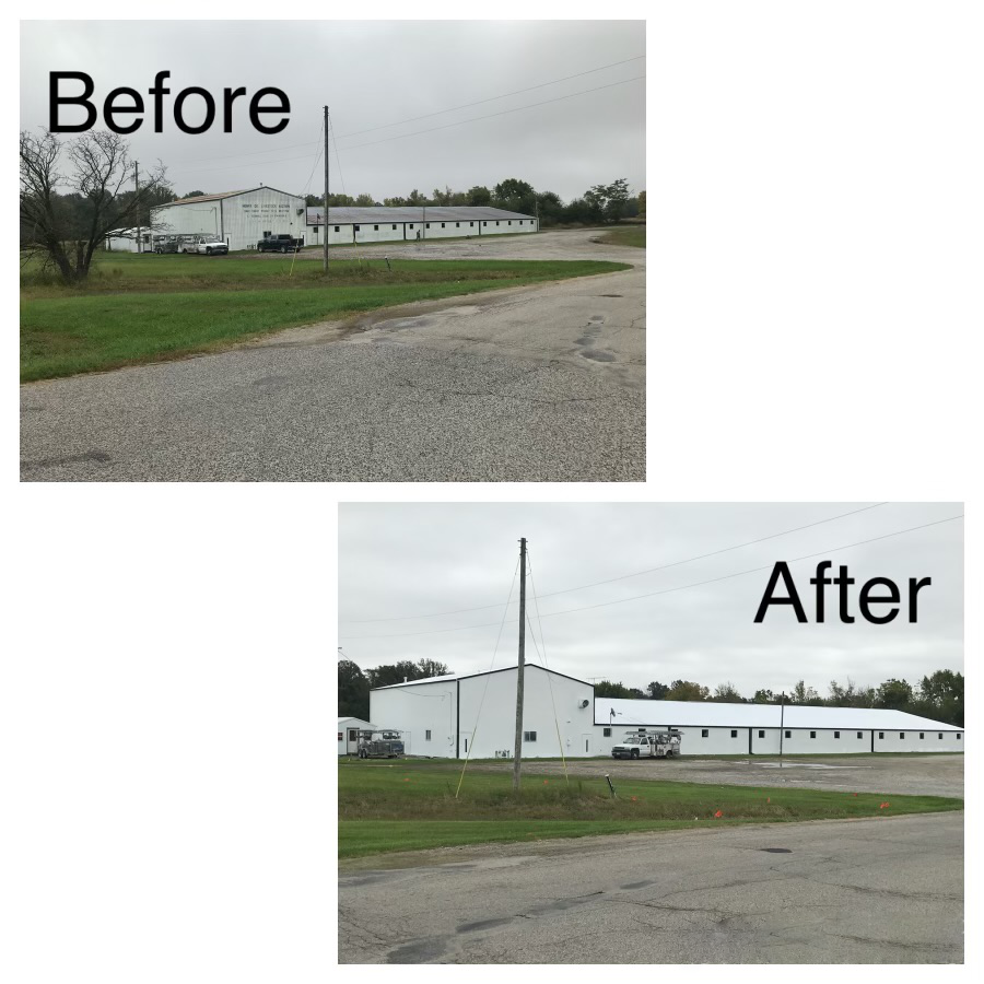 Before and after comparison showing a commercial warehouse building cleaned and painted bright white.