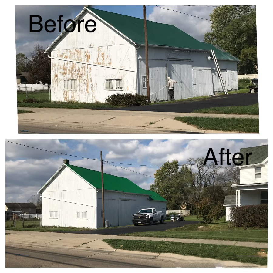 Before and after comparison of a barn exterior being cleaned and painted, showing a clean, white-painted finish.