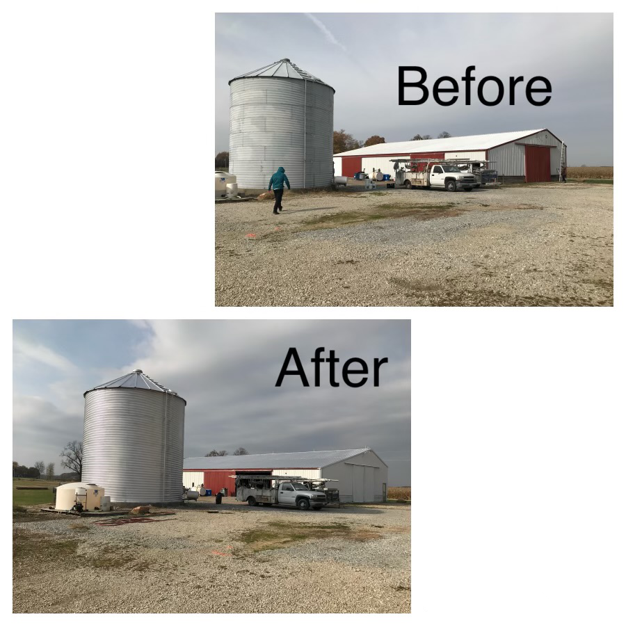 Before and after comparison of a farm site, showing the addition of a white water tank next to a grain silo.
