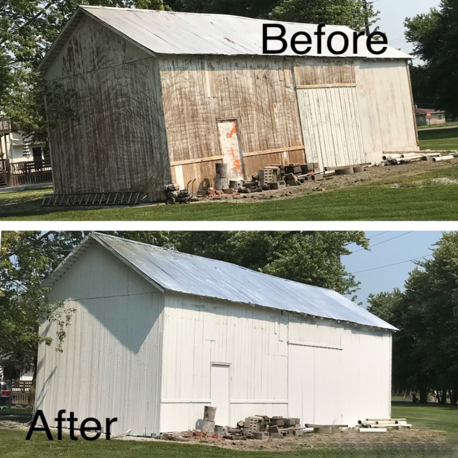 A before-and-after comparison of a barn, showing it weathered and faded before being painted a clean, solid white.