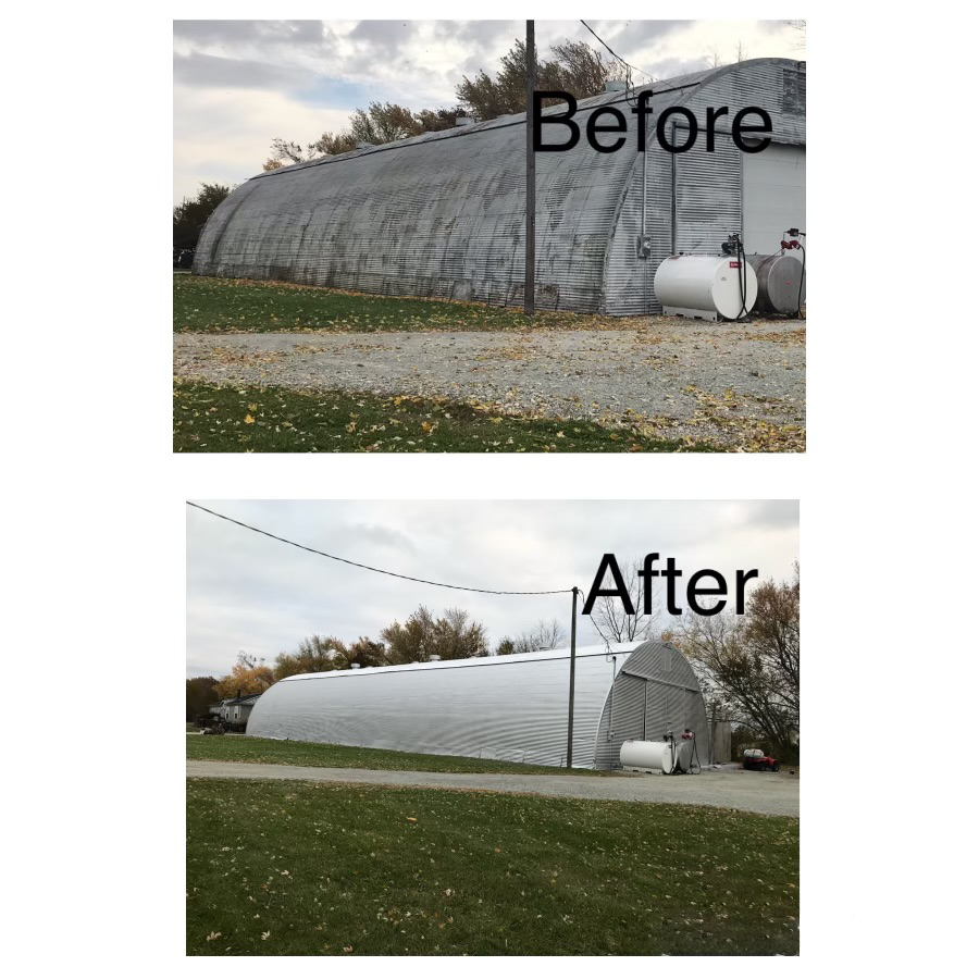 Before and after comparison of an arched storage building, showing the structure cleaned and refreshed with white paint.