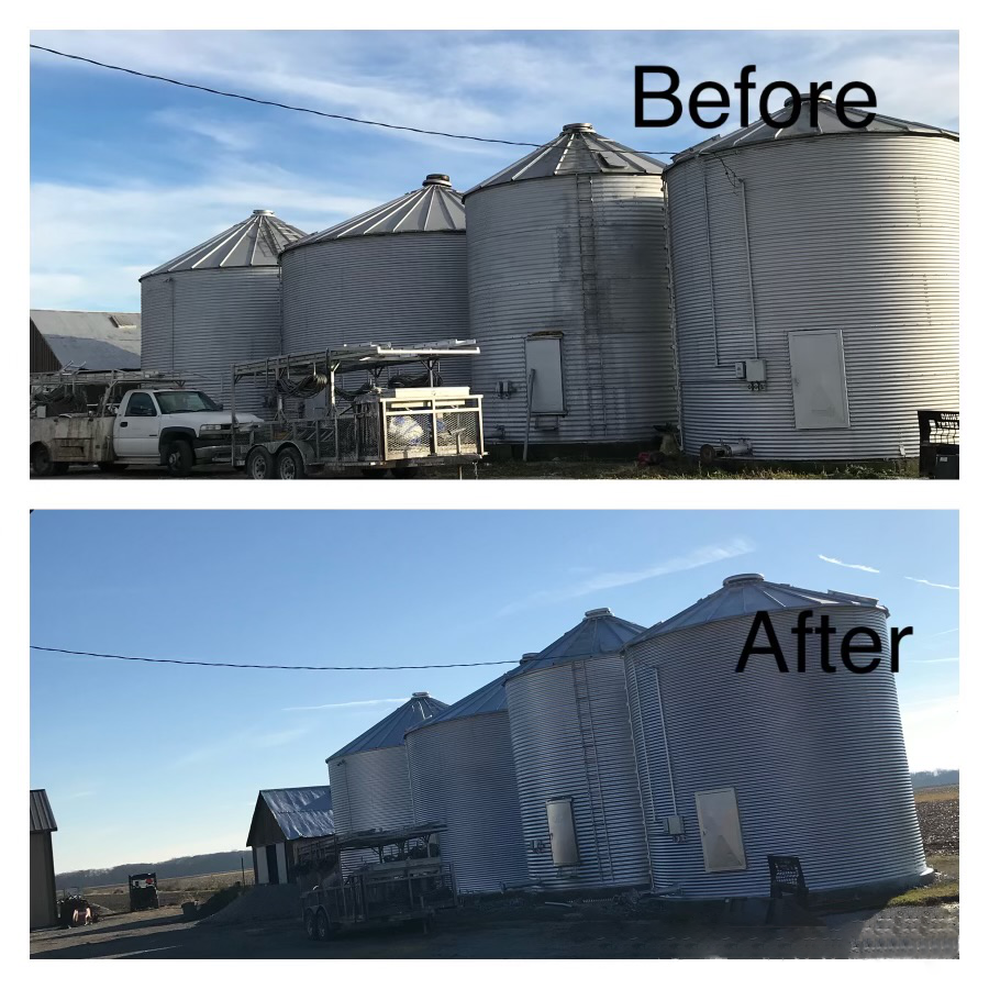 Before and after photos of corrugated metal grain silos, showing their transformation from weathered to clean.