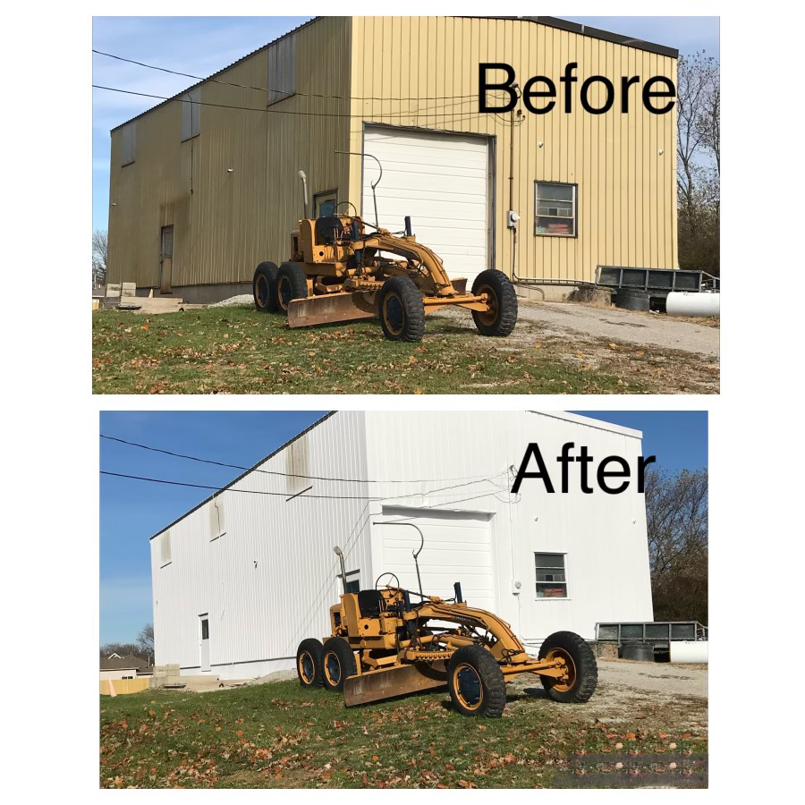 A before-and-after comparison showing a yellow building repainted from tan to white, with a motor grader parked in front.