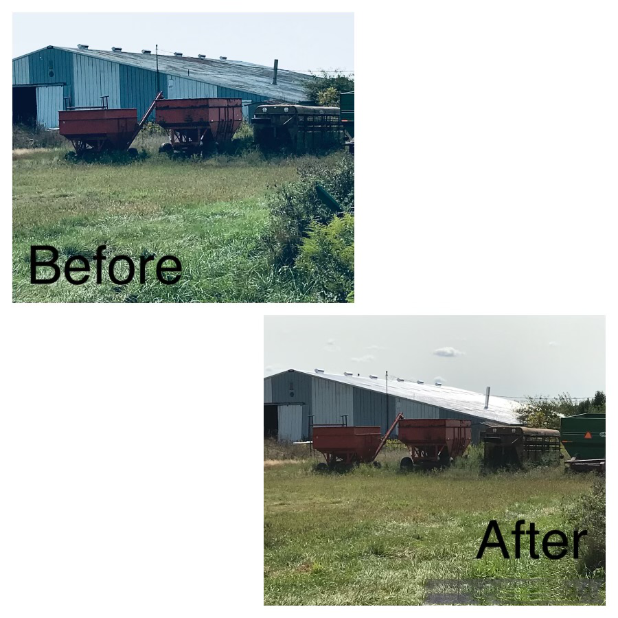 Before and after comparison of a farm building with parked agricultural trailers, showing a minor change in sky brightness.