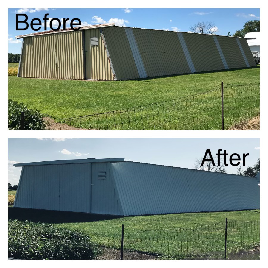 Before and after photos of a metal building painted from beige to light blue.