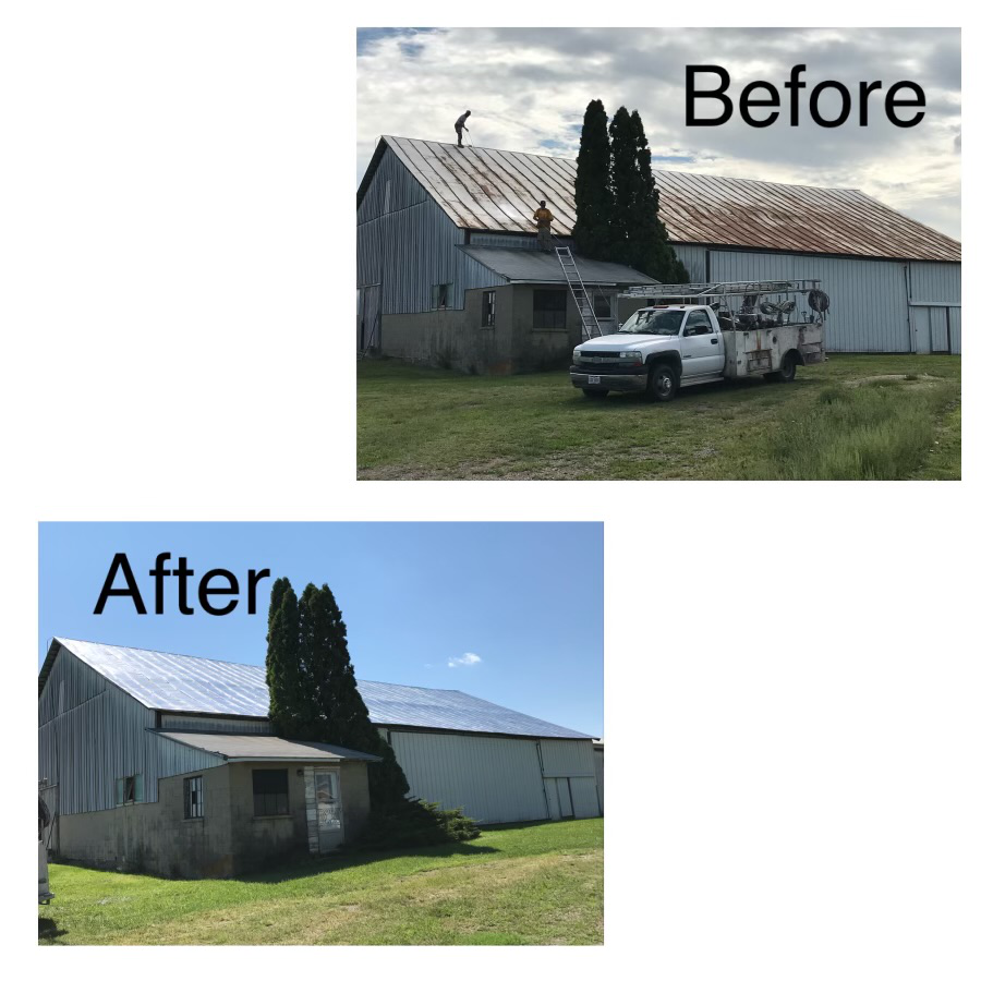 Before and after photos of a barn roof restoration, showing a rusted roof being repaired and then appearing clean and new.