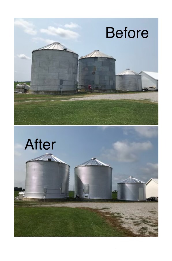 A comparison showing three grain silos before and after a professional cleaning and restoration on a grassy farmstead.