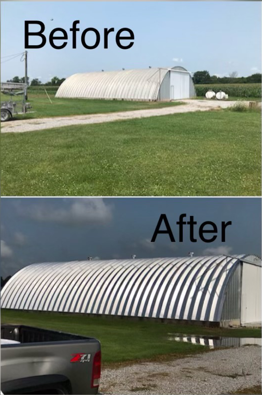 A before-and-after comparison showing a Quonset hut building cleaned of dirt and grime, resulting in a shiny metallic look.