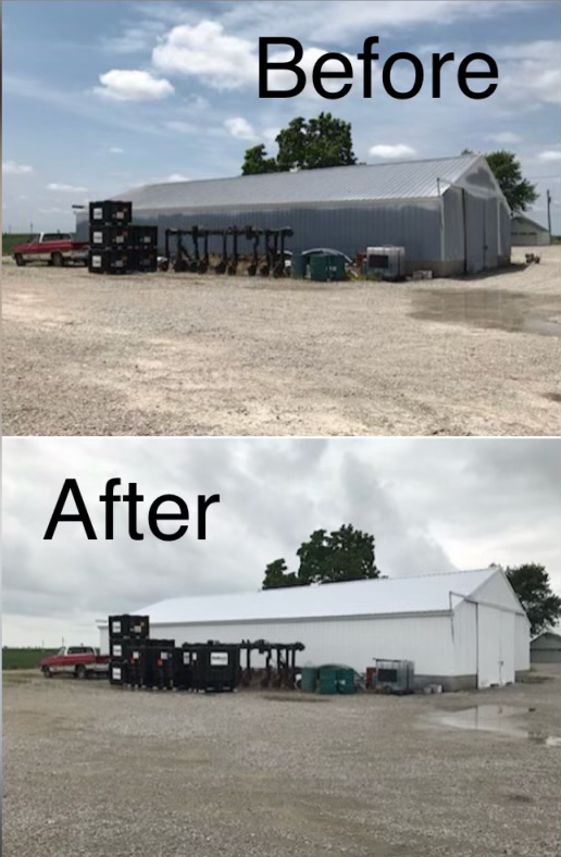 Before and after comparison of a farm building painted from grey to white, showing improved brightness and appearance.