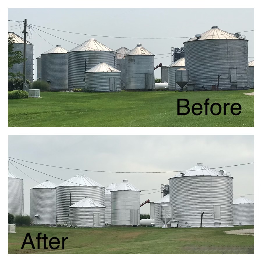 A comparison of metal grain silos before and after cleaning, showing a noticeable reduction in surface grime and oxidation.