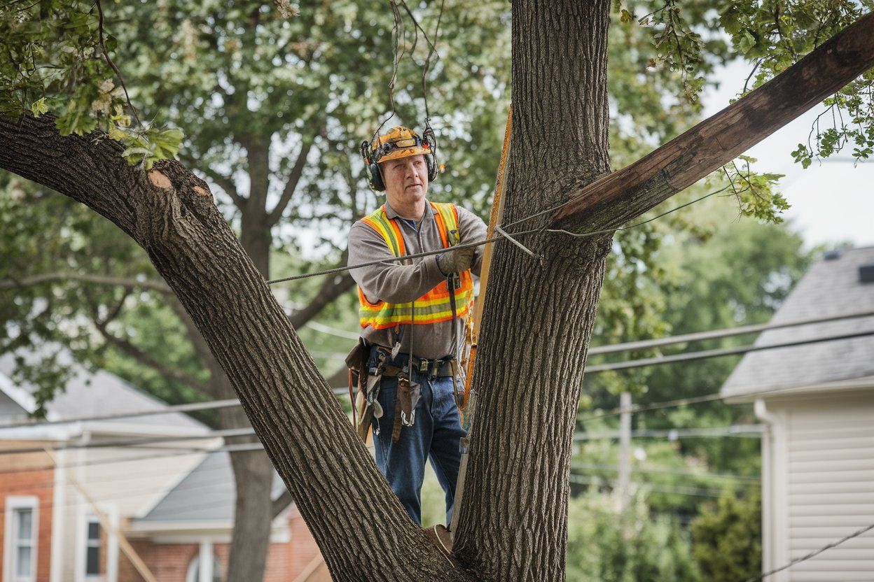 A towering, majestic tree with robust steel bracing supporters against a vibrant blue sky backdrop.