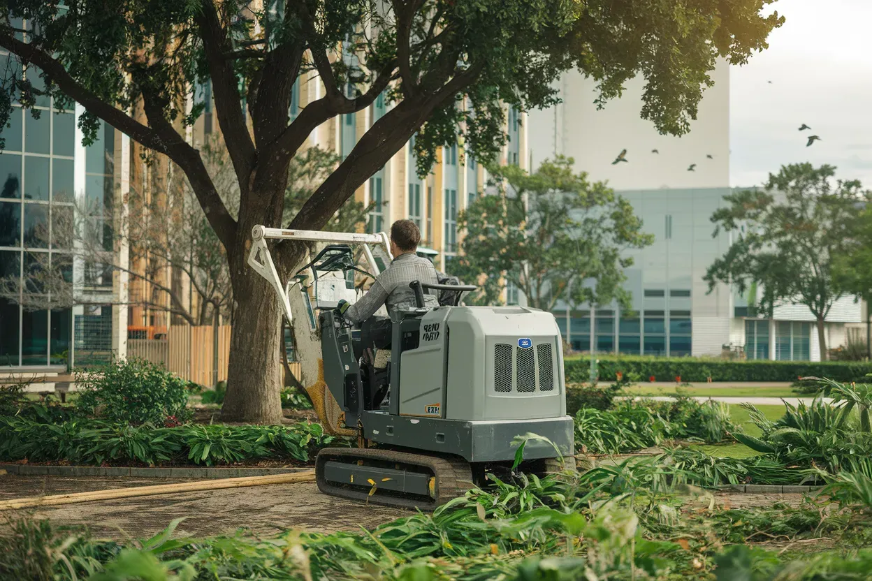 A person operates a gray mini-excavator in a garden setting, a building in the background.