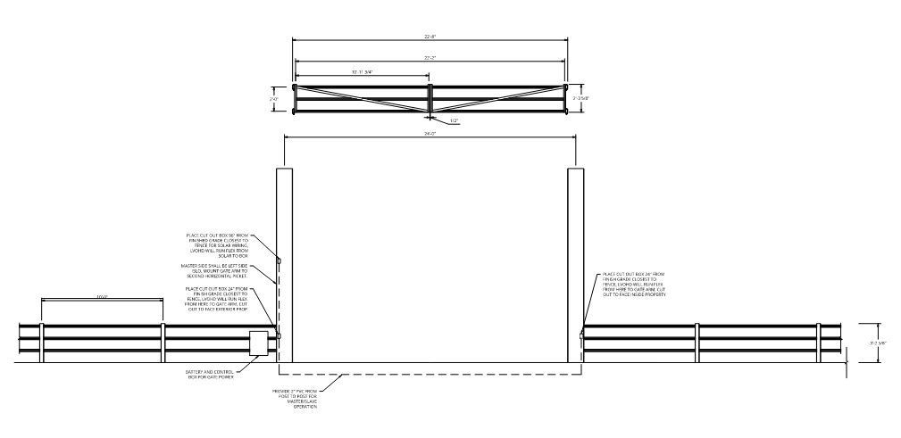 Diagram of a barrier with a bridge-like structure above it, including detail callouts.