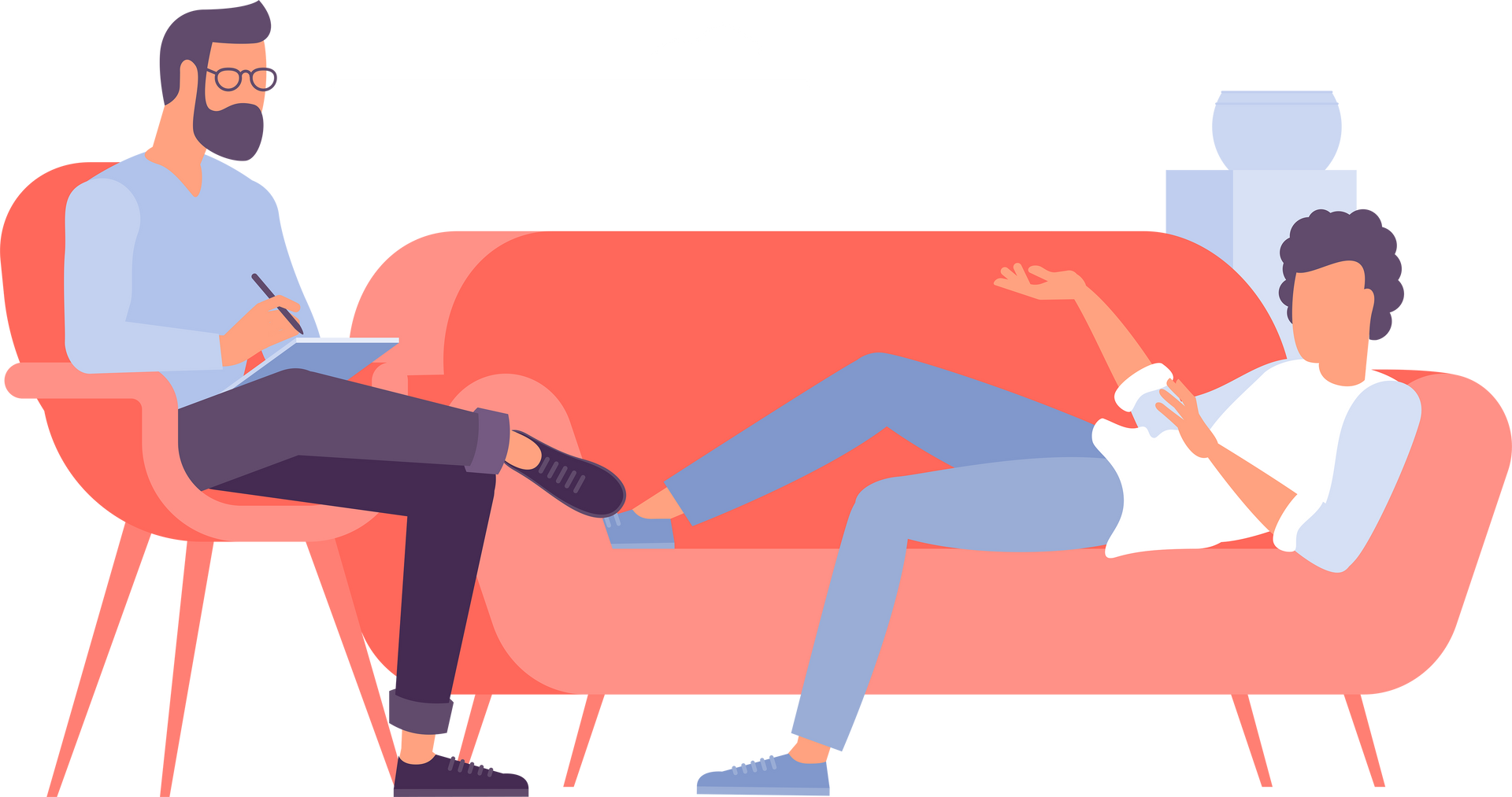 A man is sitting in a chair talking to a man laying on a couch.