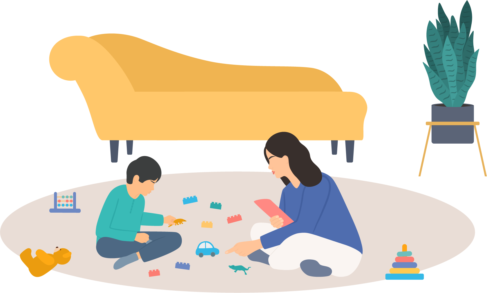 A woman and a child are playing with blocks on the floor.