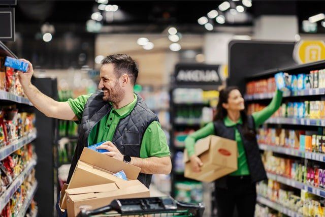 Un hombre y una mujer están comprando en una tienda de comestibles.
