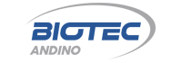 Un logotipo azul y gris para biotec andina sobre un fondo blanco.