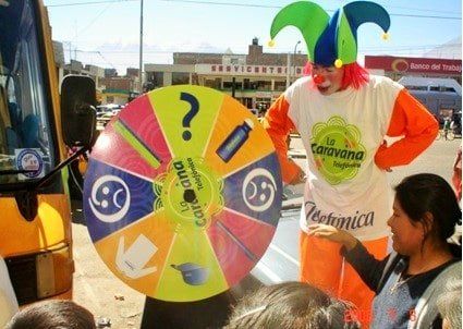 Un payaso está parado al lado de una rueda con un signo de interrogación en ella.