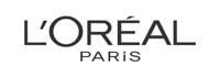 Un logotipo en blanco y negro de L'Oréal Paris sobre un fondo blanco.