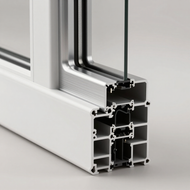 Vista en sección transversal de un marco de ventana de aluminio blanco que muestra el perfil interior hueco.