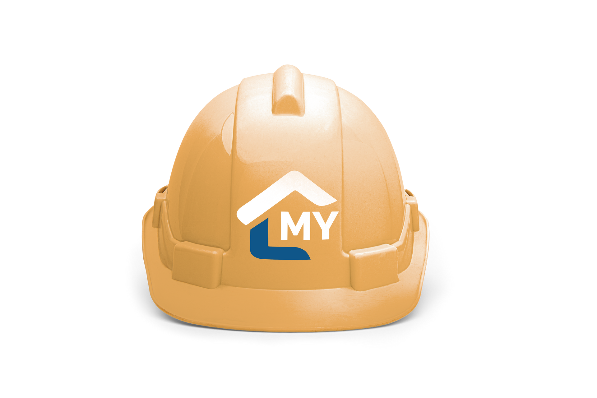 A hard hat with the My Construction Company logo on it.