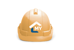 A hard hat with the My Construction Company logo on it.