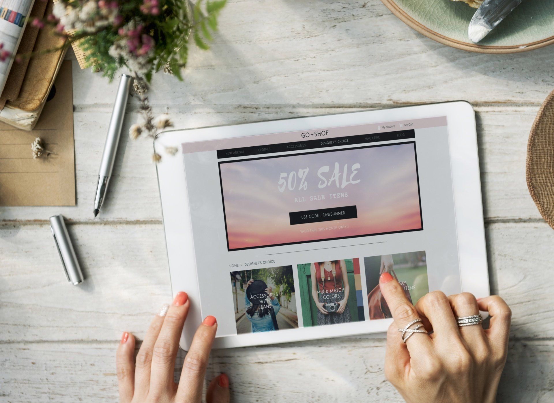 Beautiful workplace table and tablet flat lay