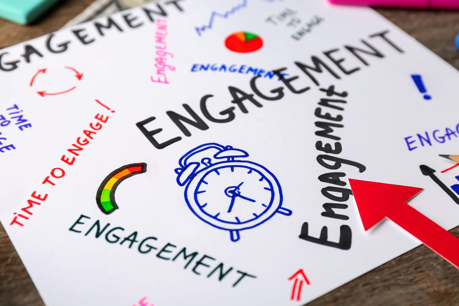 Marker pen doodles of gauges, charts and an alarm clock, with the words, 'Time to Engage!'.